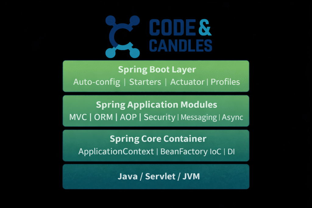 Spring Boot and Spring Framework internal architecture diagram illustrating layered design from Java Servlet JVM to Spring Core container, application modules, and Spring Boot auto-configuration, starters, actuator, and profiles.