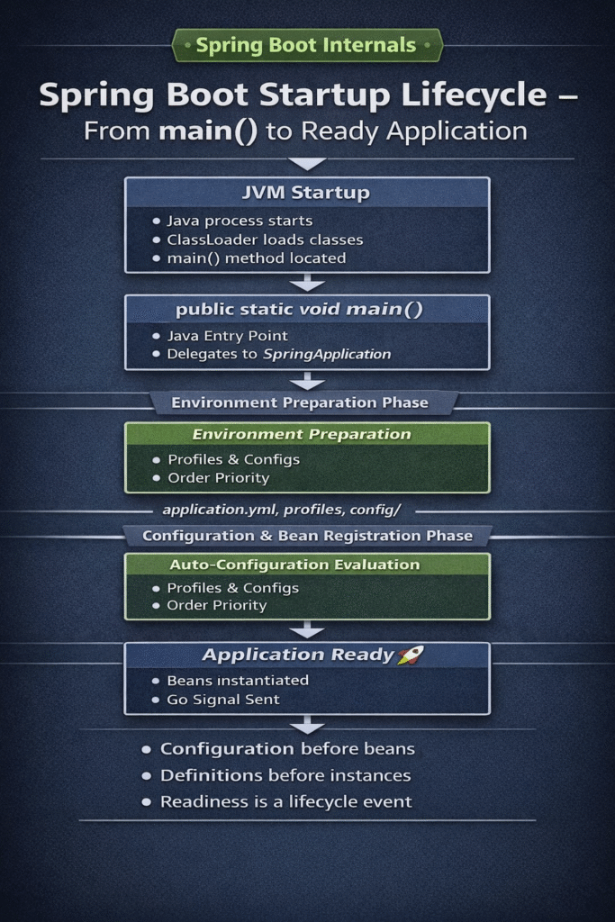 Spring Boot startup lifecycle showing the flow from main() method through SpringApplication.run(), environment preparation, application context creation, bean initialization, and application ready state